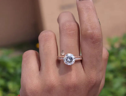 2CT Round Gray Moissanite Wedding Ring, 14K Rose Gold, 3-Row Pave Antique Style