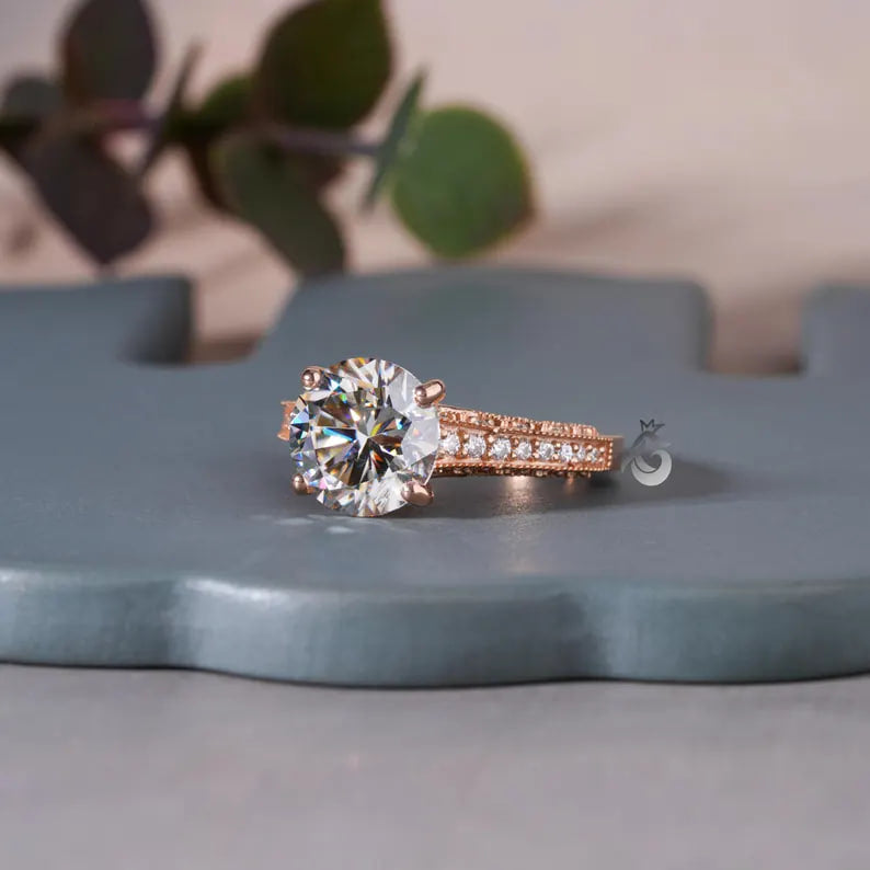 2CT Round Gray Moissanite Wedding Ring, 14K Rose Gold, 3-Row Pave Antique Style