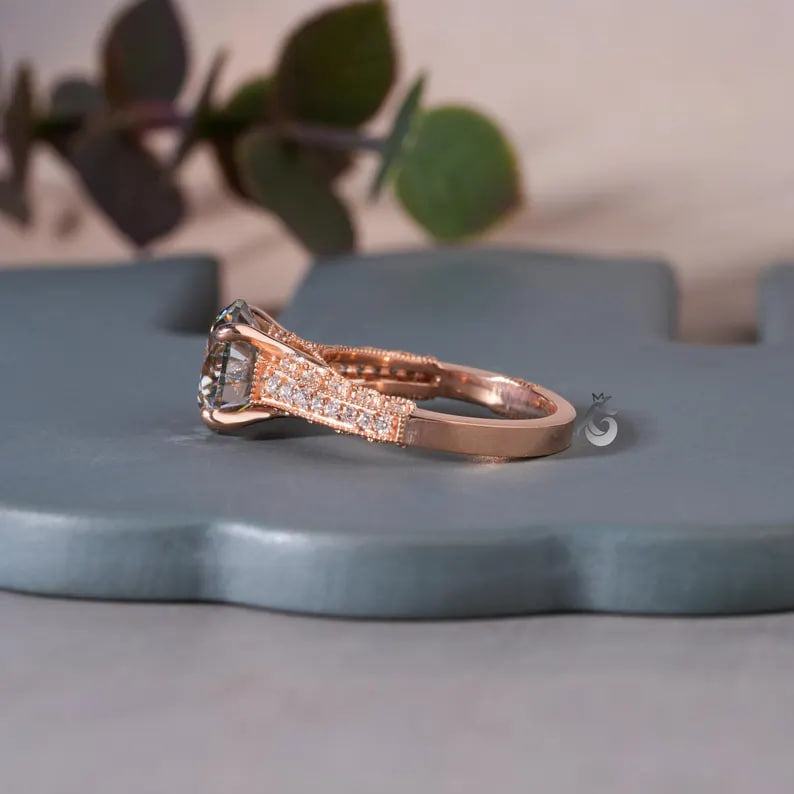 2CT Round Gray Moissanite Wedding Ring, 14K Rose Gold, 3-Row Pave Antique Style