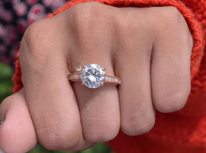 2CT Round Gray Moissanite Wedding Ring, 14K Rose Gold, 3-Row Pave Antique Style