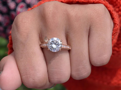 2CT Round Gray Moissanite Wedding Ring, 14K Rose Gold, 3-Row Pave Antique Style
