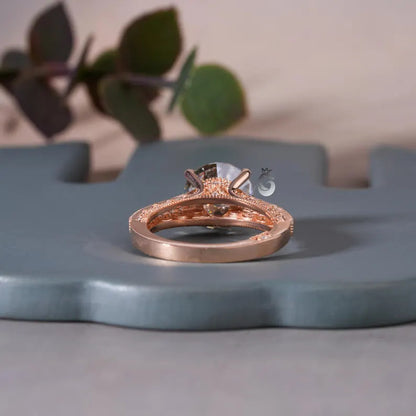 2CT Round Gray Moissanite Wedding Ring, 14K Rose Gold, 3-Row Pave Antique Style