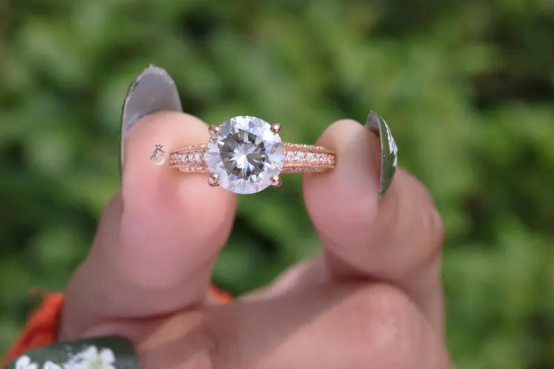 2CT Round Gray Moissanite Wedding Ring, 14K Rose Gold, 3-Row Pave Antique Style