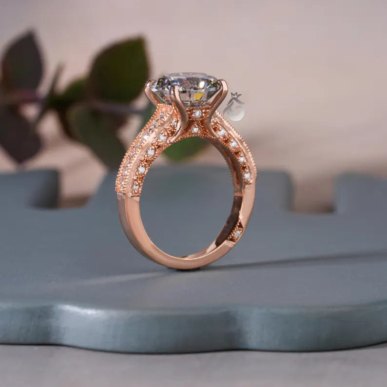 2CT Round Gray Moissanite Wedding Ring, 14K Rose Gold, 3-Row Pave Antique Style