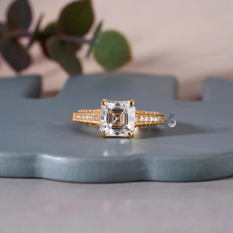 Tacori Style Asscher Cut Moissanite Ring, 18K Yellow Gold, 3-Sided Pave
