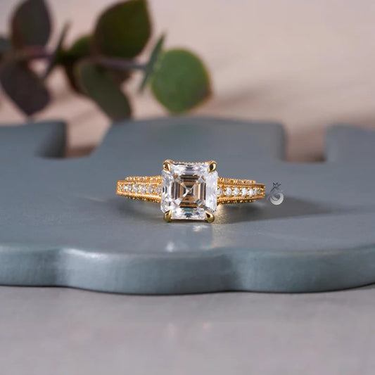 Tacori Style Asscher Cut Moissanite Ring, 18K Yellow Gold, 3-Sided Pave