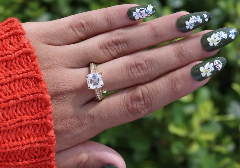 Tacori Style Asscher Cut Moissanite Ring, 18K Yellow Gold, 3-Sided Pave