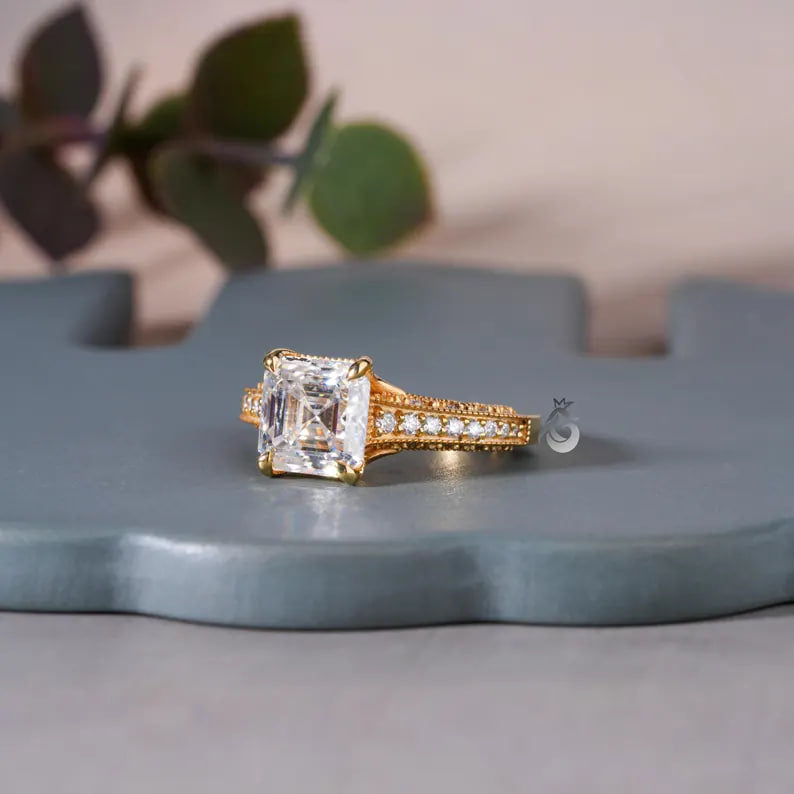 Tacori Style Asscher Cut Moissanite Ring, 18K Yellow Gold, 3-Sided Pave