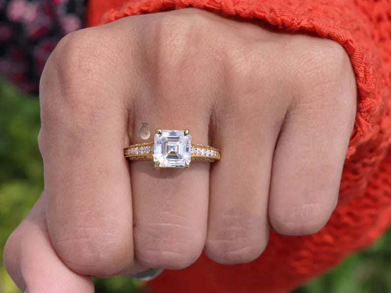 Tacori Style Asscher Cut Moissanite Ring, 18K Yellow Gold, 3-Sided Pave