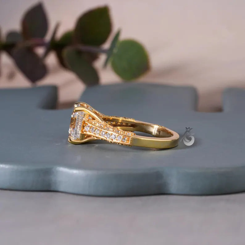 Tacori Style Asscher Cut Moissanite Ring, 18K Yellow Gold, 3-Sided Pave