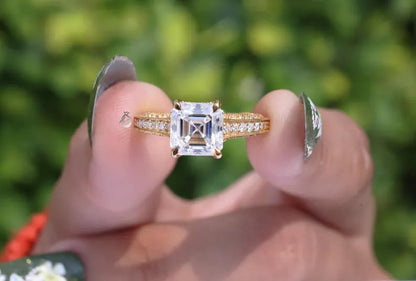 Tacori Style Asscher Cut Moissanite Ring, 18K Yellow Gold, 3-Sided Pave