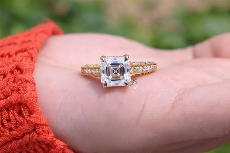 Tacori Style Asscher Cut Moissanite Ring, 18K Yellow Gold, 3-Sided Pave
