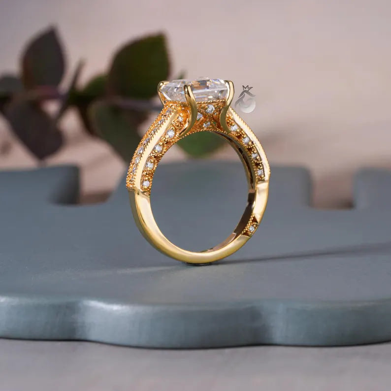 Tacori Style Asscher Cut Moissanite Ring, 18K Yellow Gold, 3-Sided Pave