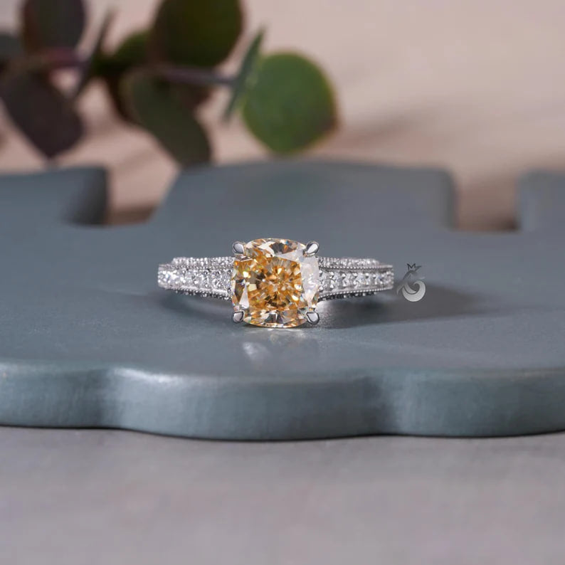 2.65CT Cushion Cut Canary Yellow Moissanite Ring, Three-Row Pave, White Gold