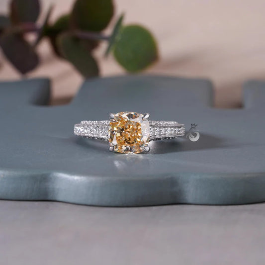 2.65CT Cushion Cut Canary Yellow Moissanite Ring, Three-Row Pave, White Gold