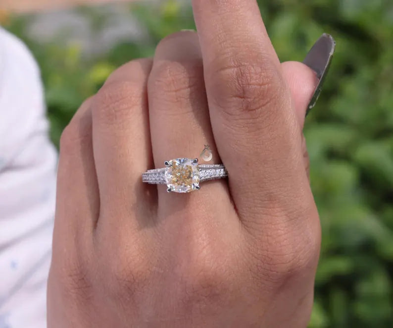 2.65CT Cushion Cut Canary Yellow Moissanite Ring, Three-Row Pave, White Gold