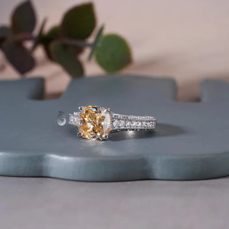 2.65CT Cushion Cut Canary Yellow Moissanite Ring, Three-Row Pave, White Gold