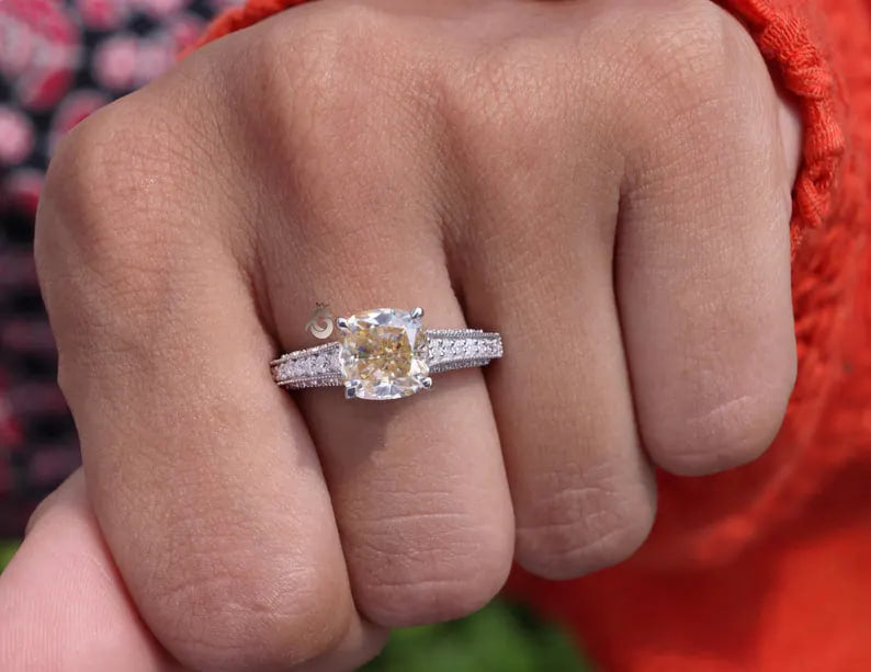 2.65CT Cushion Cut Canary Yellow Moissanite Ring, Three-Row Pave, White Gold