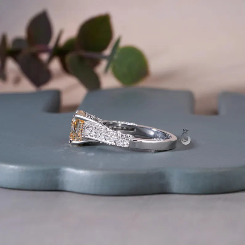 2.65CT Cushion Cut Canary Yellow Moissanite Ring, Three-Row Pave, White Gold
