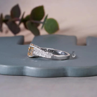 2.65CT Cushion Cut Canary Yellow Moissanite Ring, Three-Row Pave, White Gold