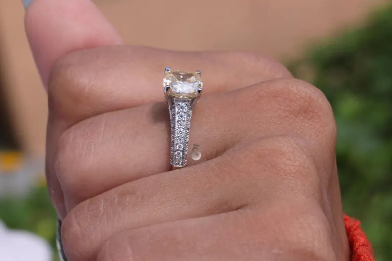 2.65CT Cushion Cut Canary Yellow Moissanite Ring, Three-Row Pave, White Gold