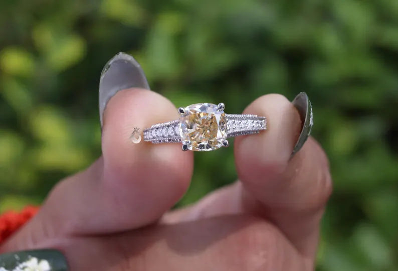 2.65CT Cushion Cut Canary Yellow Moissanite Ring, Three-Row Pave, White Gold
