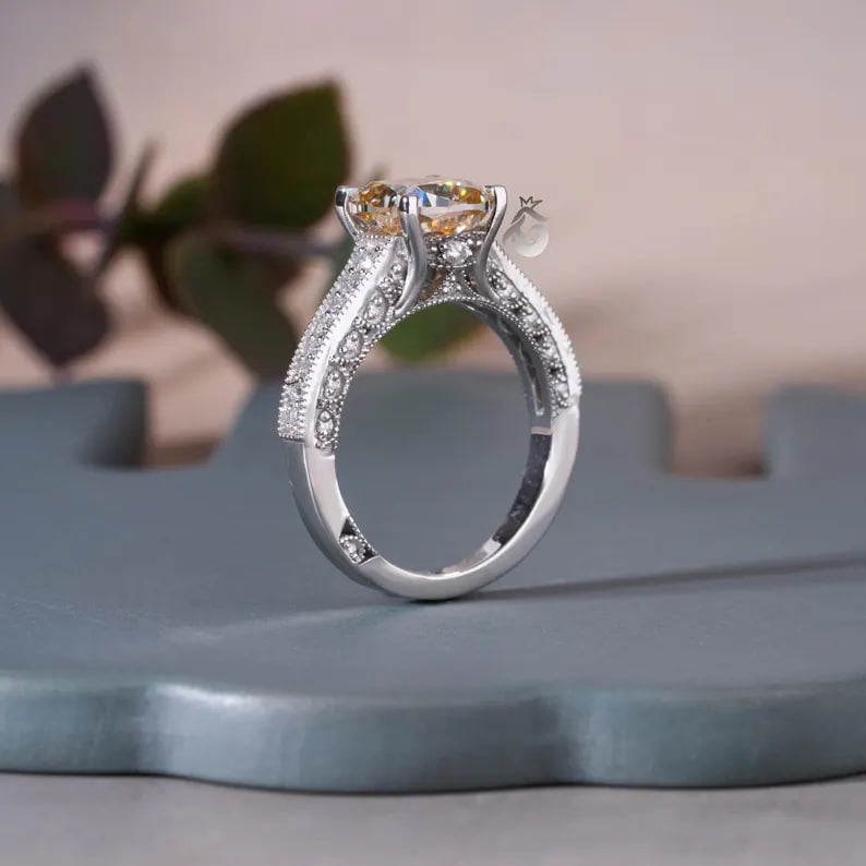 2.65CT Cushion Cut Canary Yellow Moissanite Ring, Three-Row Pave, White Gold