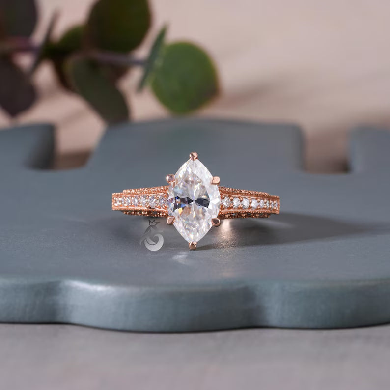 3CT Marquise Moissanite Three-Sided Pave Ring, Vintage 14K Rose Gold