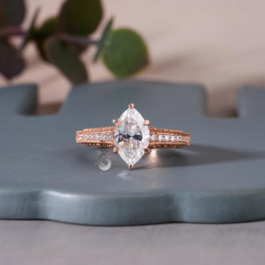 3CT Marquise Moissanite Three-Sided Pave Ring, Vintage 14K Rose Gold
