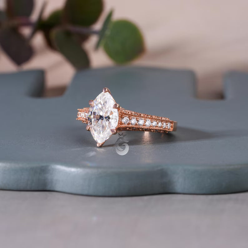 3CT Marquise Moissanite Three-Sided Pave Ring, Vintage 14K Rose Gold