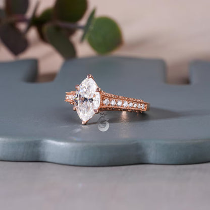 3CT Marquise Moissanite Three-Sided Pave Ring, Vintage 14K Rose Gold