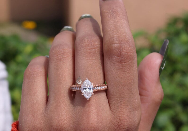 3CT Marquise Moissanite Three-Sided Pave Ring, Vintage 14K Rose Gold