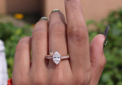 3CT Marquise Moissanite Three-Sided Pave Ring, Vintage 14K Rose Gold