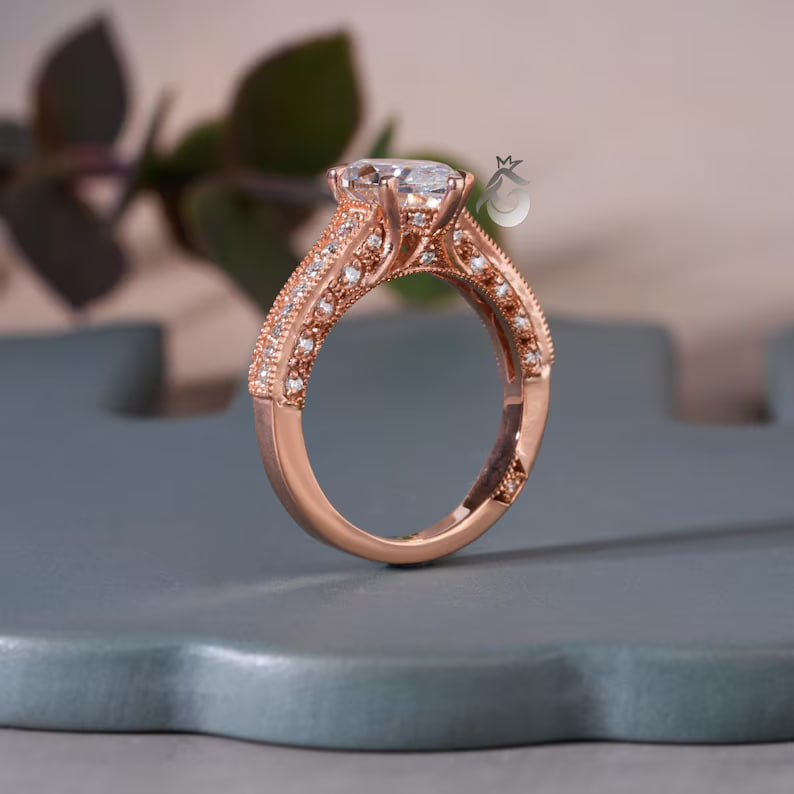3CT Marquise Moissanite Three-Sided Pave Ring, Vintage 14K Rose Gold