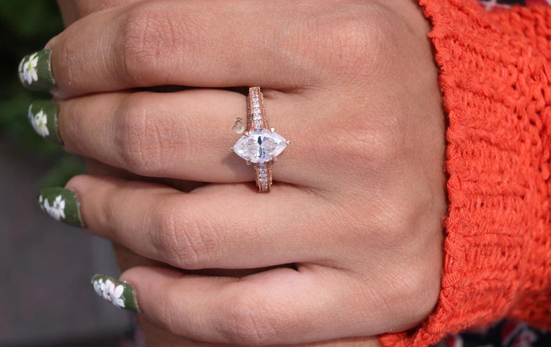 3CT Marquise Moissanite Three-Sided Pave Ring, Vintage 14K Rose Gold