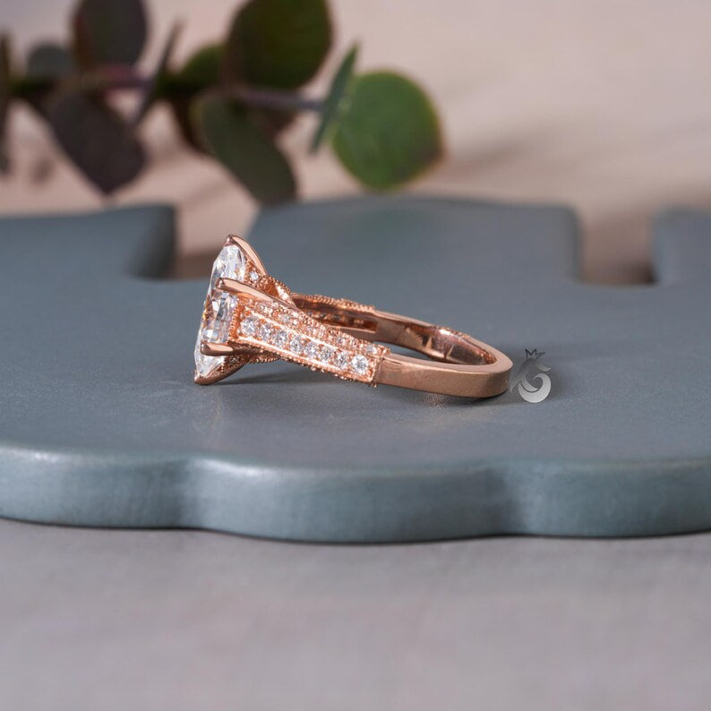 3CT Marquise Moissanite Three-Sided Pave Ring, Vintage 14K Rose Gold