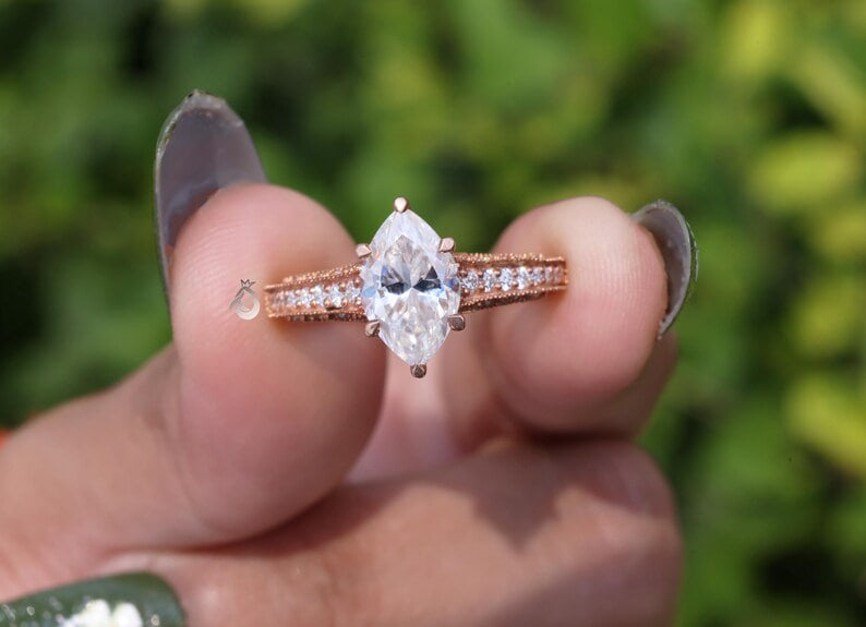 3CT Marquise Moissanite Three-Sided Pave Ring, Vintage 14K Rose Gold