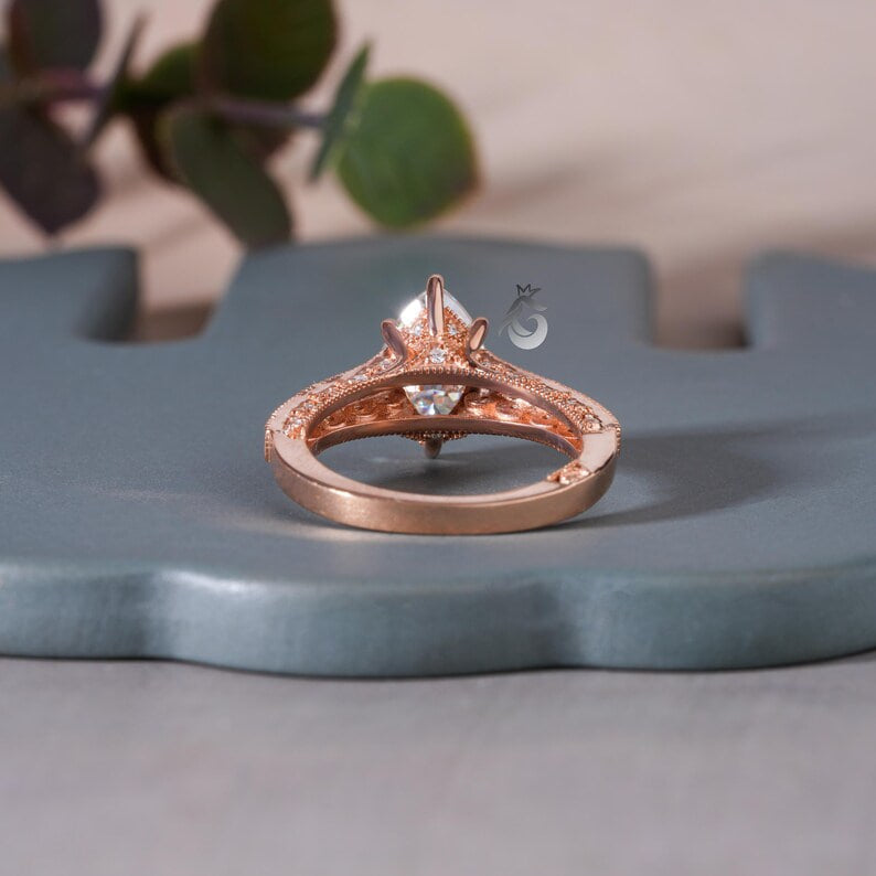 3CT Marquise Moissanite Three-Sided Pave Ring, Vintage 14K Rose Gold