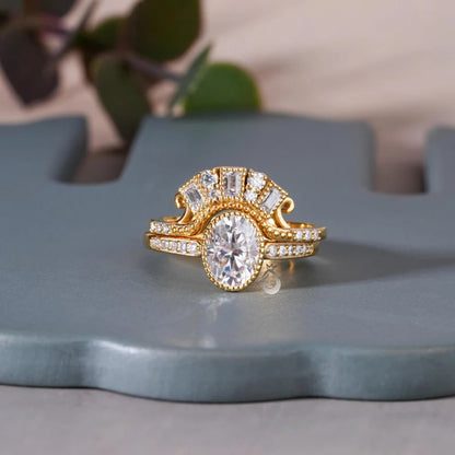 Vintage Oval Moissanite Bridal Ring Set, 18K Yellow Gold Curved Band