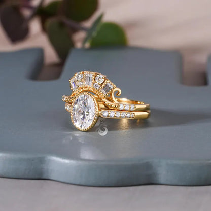 Vintage Oval Moissanite Bridal Ring Set, 18K Yellow Gold Curved Band