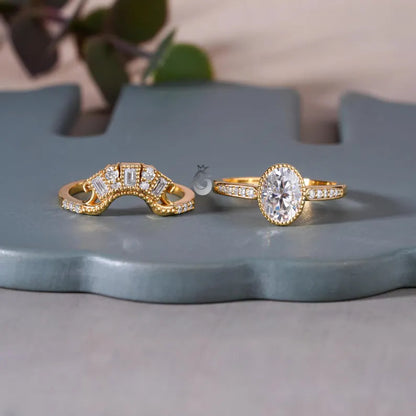 Vintage Oval Moissanite Bridal Ring Set, 18K Yellow Gold Curved Band