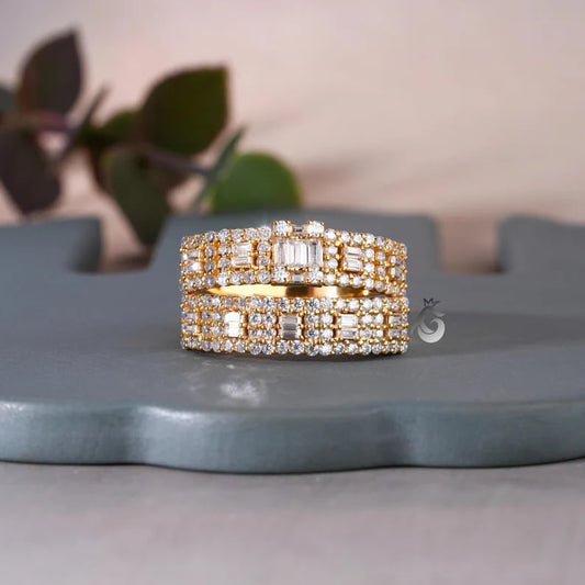 2PCS Baguette & Round Moissanite Wedding Band Set, Half Eternity Rings