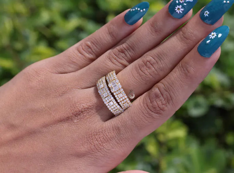 2PCS Baguette & Round Moissanite Wedding Band Set, Half Eternity Rings