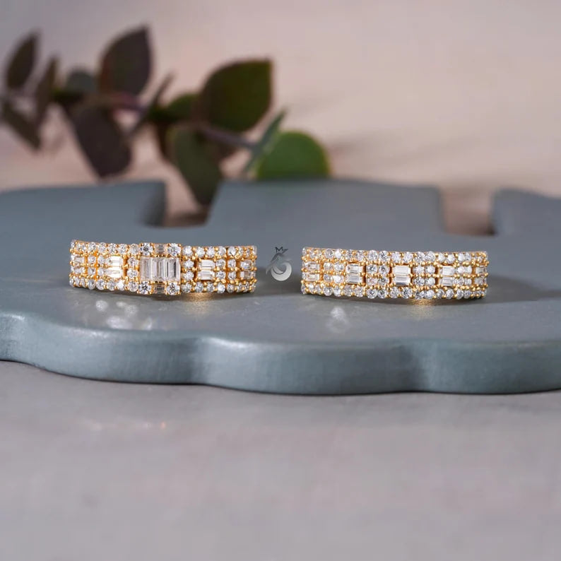 2PCS Baguette & Round Moissanite Wedding Band Set, Half Eternity Rings