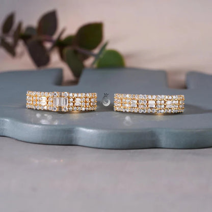 2PCS Baguette & Round Moissanite Wedding Band Set, Half Eternity Rings