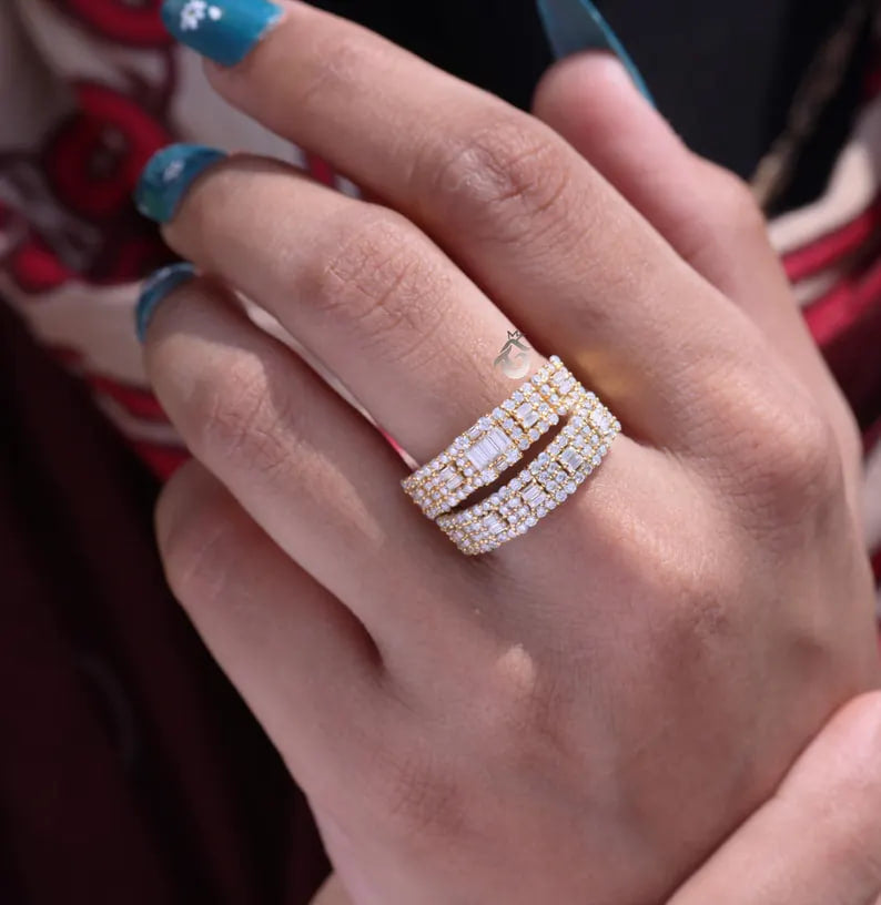 2PCS Baguette & Round Moissanite Wedding Band Set, Half Eternity Rings
