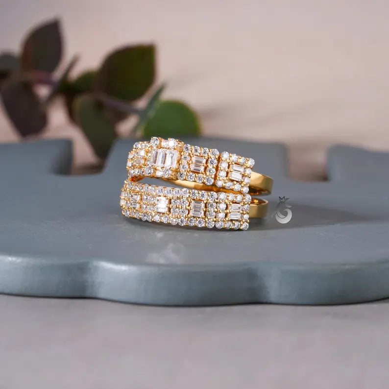 2PCS Baguette & Round Moissanite Wedding Band Set, Half Eternity Rings