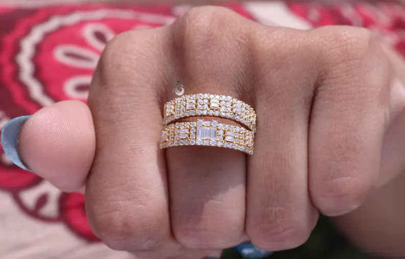 2PCS Baguette & Round Moissanite Wedding Band Set, Half Eternity Rings