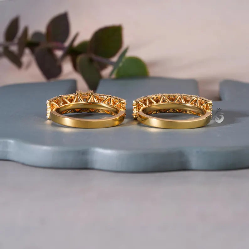 2PCS Baguette & Round Moissanite Wedding Band Set, Half Eternity Rings