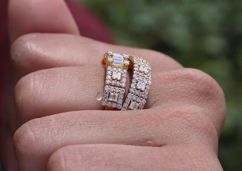 2PCS Baguette & Round Moissanite Wedding Band Set, Half Eternity Rings